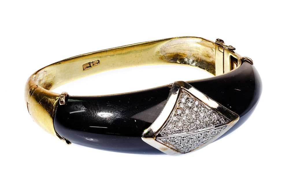 Lot 247: 18k Yellow and White Gold, Onyx and Diamond Hinged