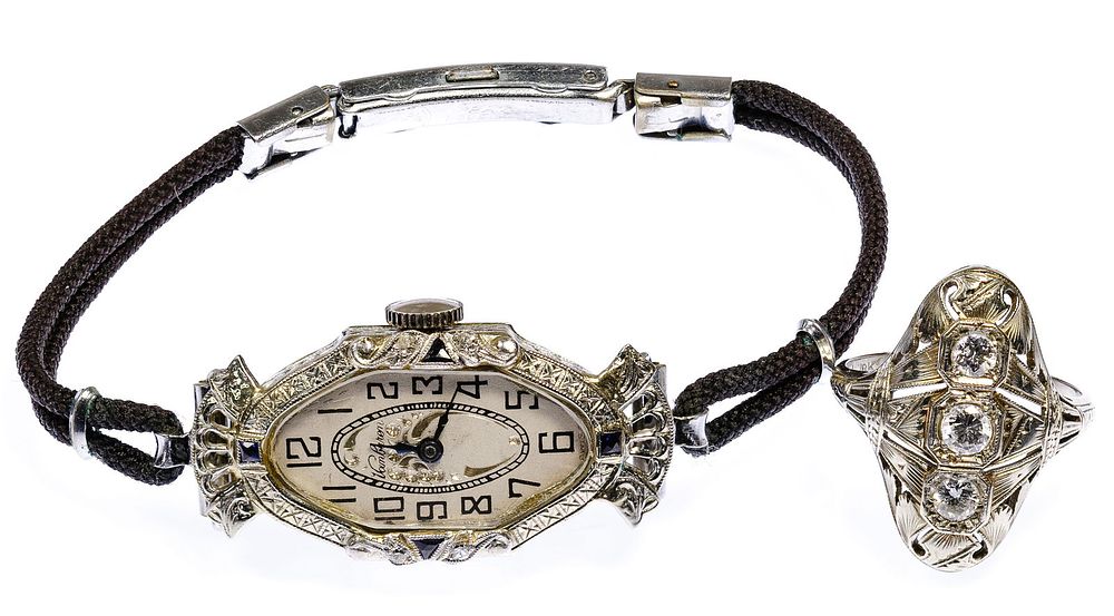 Lot 258: 18k White Gold and Diamond Ring and Wrist Watch
