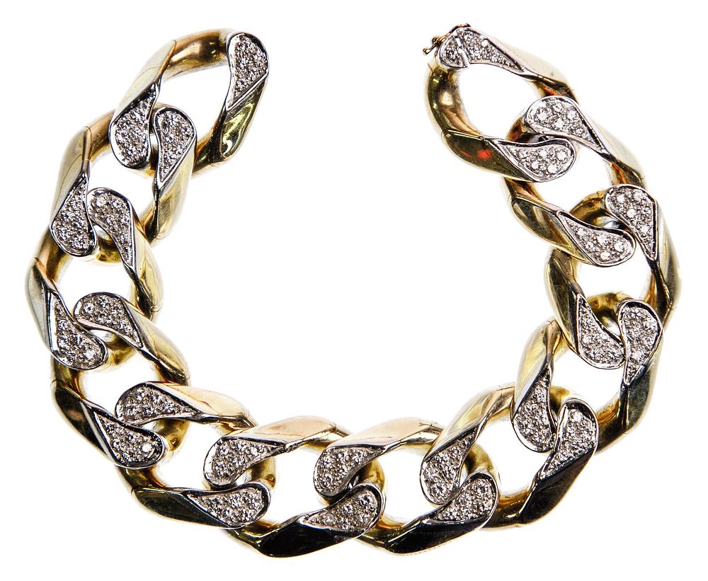 Lot 292: 14k Yellow Gold and Diamond Curb Link Bracelet