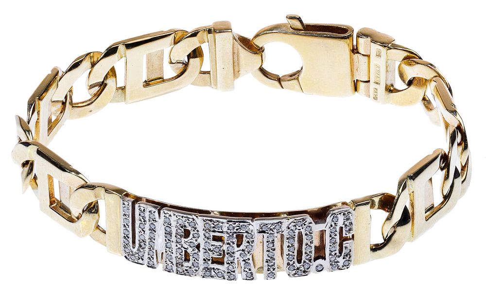 Lot 297: 14k Yellow Gold and Diamond Identification Bracelet