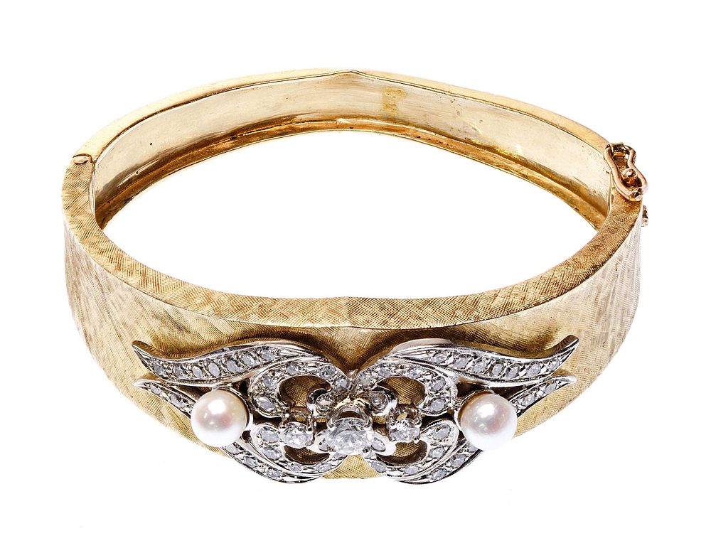 Lot 299: 14k Yellow Gold, Pearl and Diamond Hinged Bangle