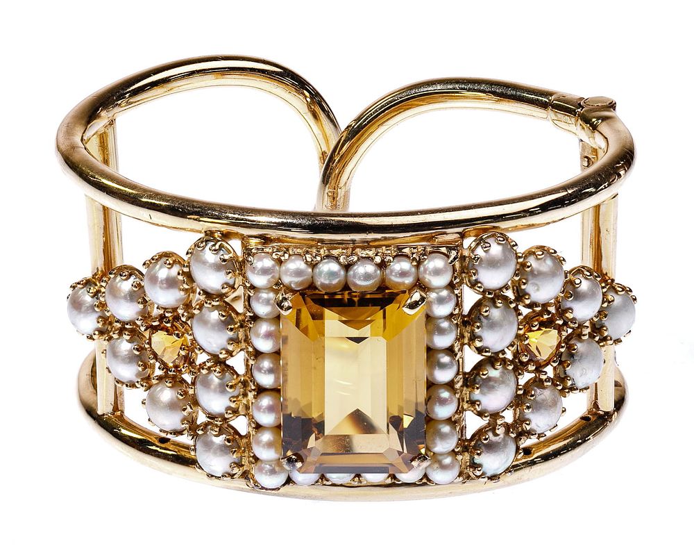 Lot 303: 14k Yellow Gold, Pearl and Citrine Hinged Bangle