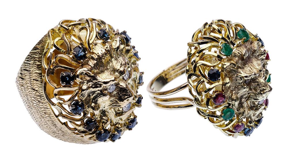 Lot 313: 14k Yellow Gold and Semi-Precious Gemstone Lion Head