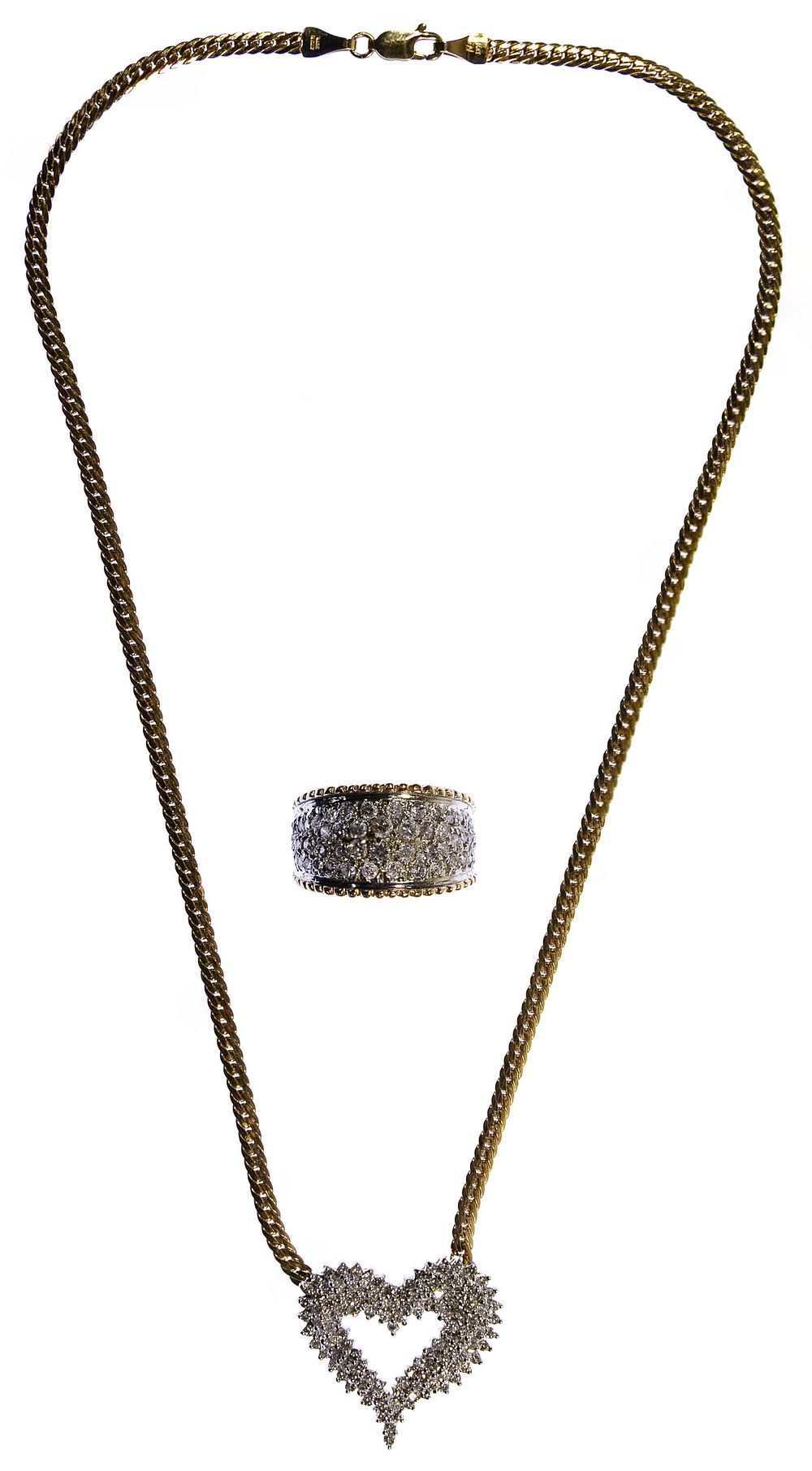 Lot 324: 14k White and Yellow Gold and Diamond Ring and Necklace
