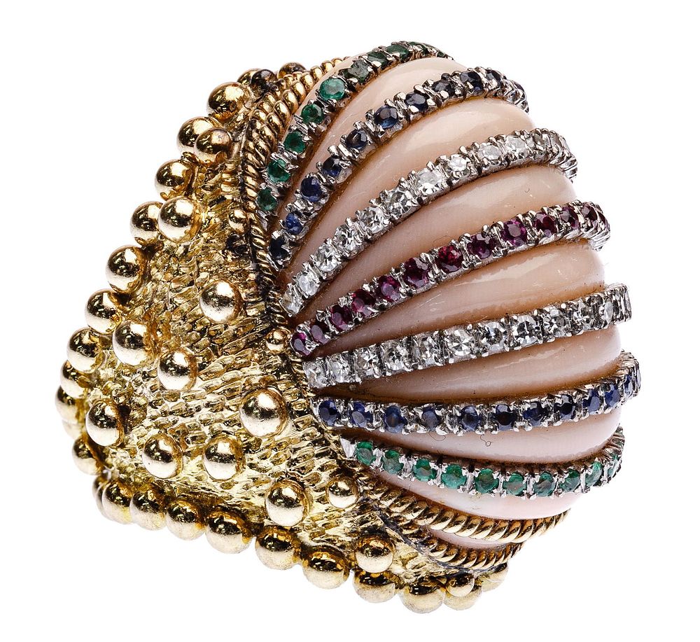 Lot 329: 14k Yellow Gold, Coral and Gemstone Ring