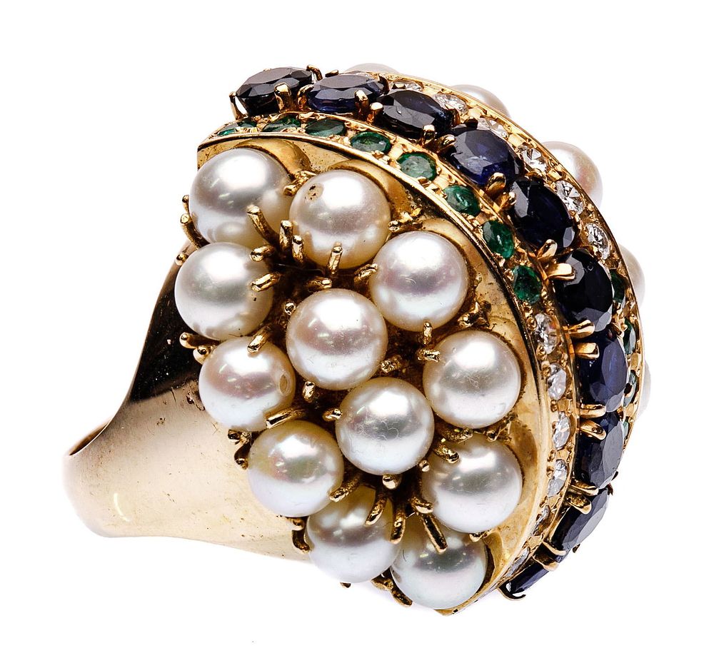 Lot 330: 14k Yellow Gold, Pearl, Sapphire, Emerald and Diamond