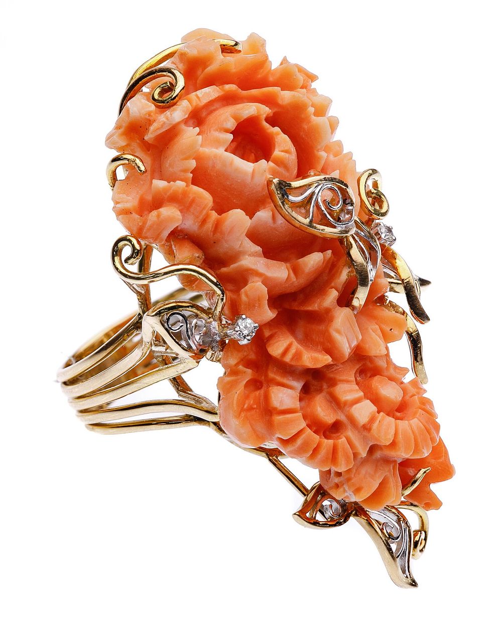 Lot 332: 14k Bi-Color Gold, Carved Coral and Diamond Ring