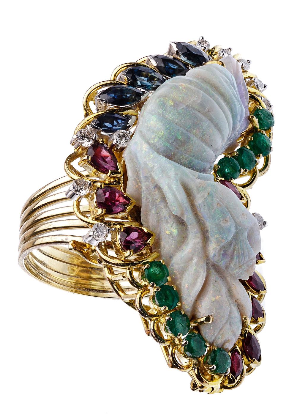 Lot 334: 14k Gold, Carved Opal, Sapphire and Diamond Ring