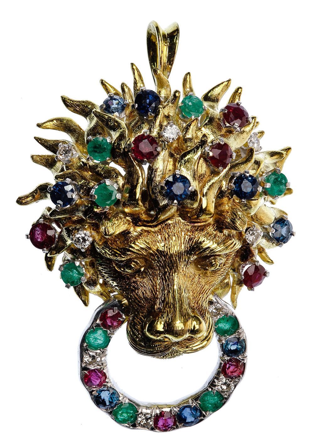 Lot 364: 14k Bi-Color Gold and Gemstone Lion Pendant / Brooch