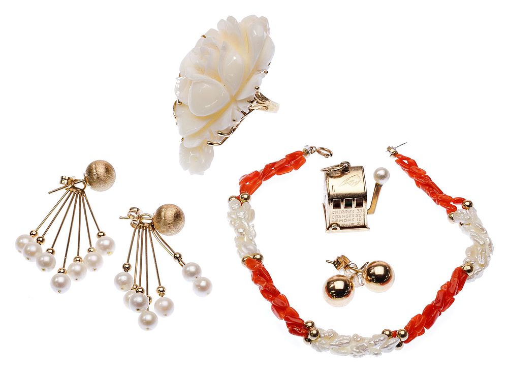 Lot 381: 14k Yellow Gold, Pearl and Coral Jewelry Assortment