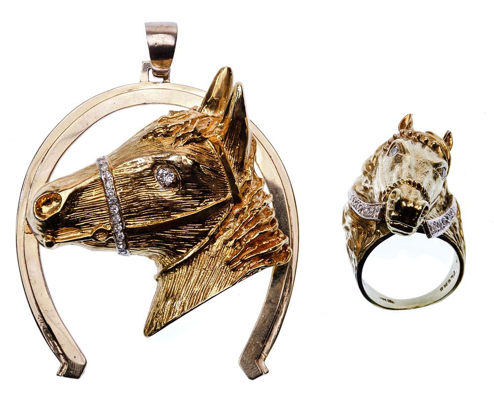 Lot 385: 14k Gold and Diamond Horse Style Jewelry