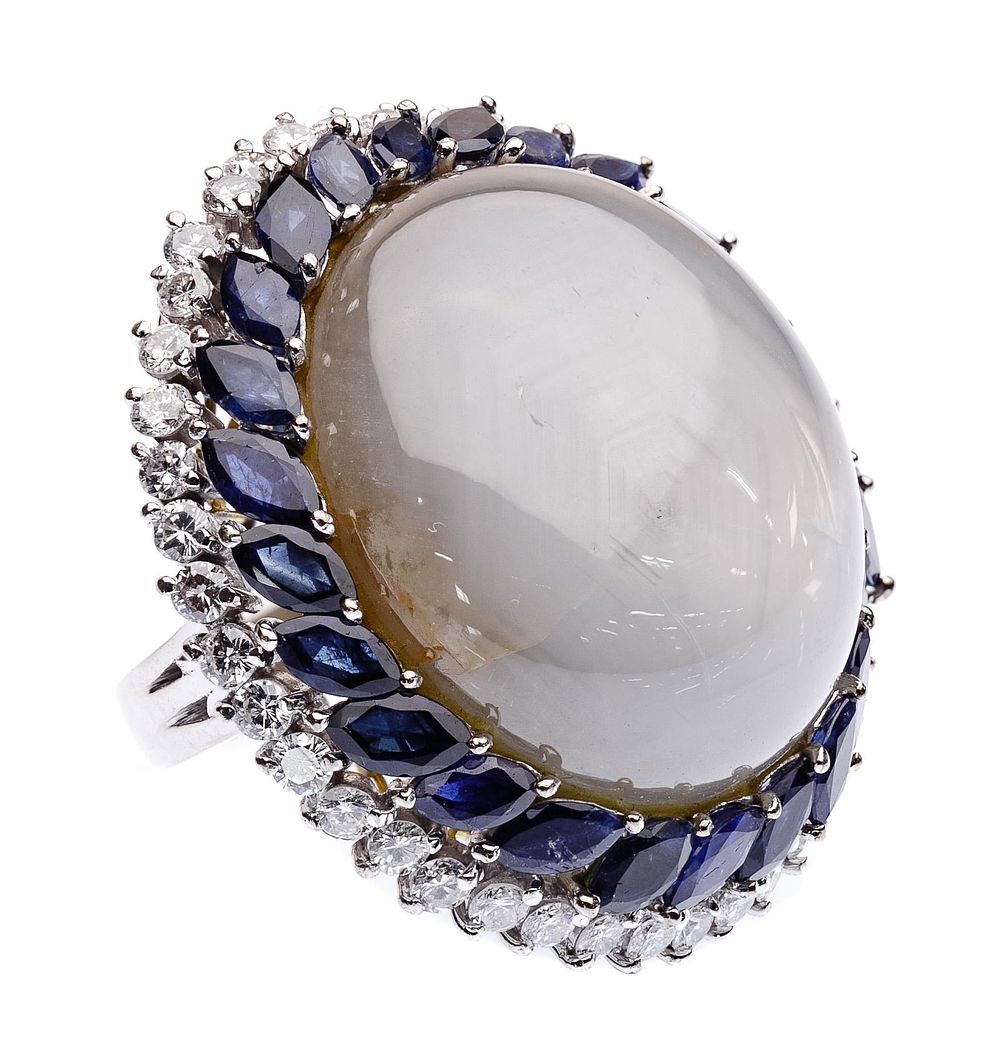 Lot 388: 10k White Gold, Moon Stone, Sapphire and Diamond Ring