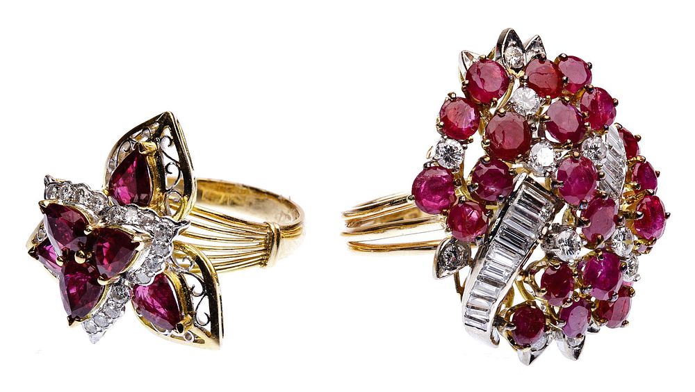 Lot 394: 18k and 14k Yellow Gold, Ruby and Diamond Rings