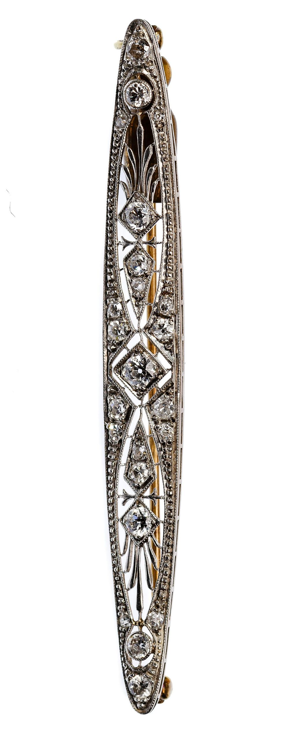Lot 395: Platinum, 14k White Gold and Diamond Bar Brooch