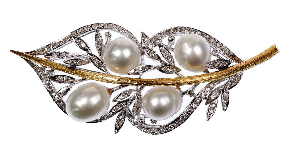 Lot 425: Yellow and White Gold, Pearl and Diamond Brooch