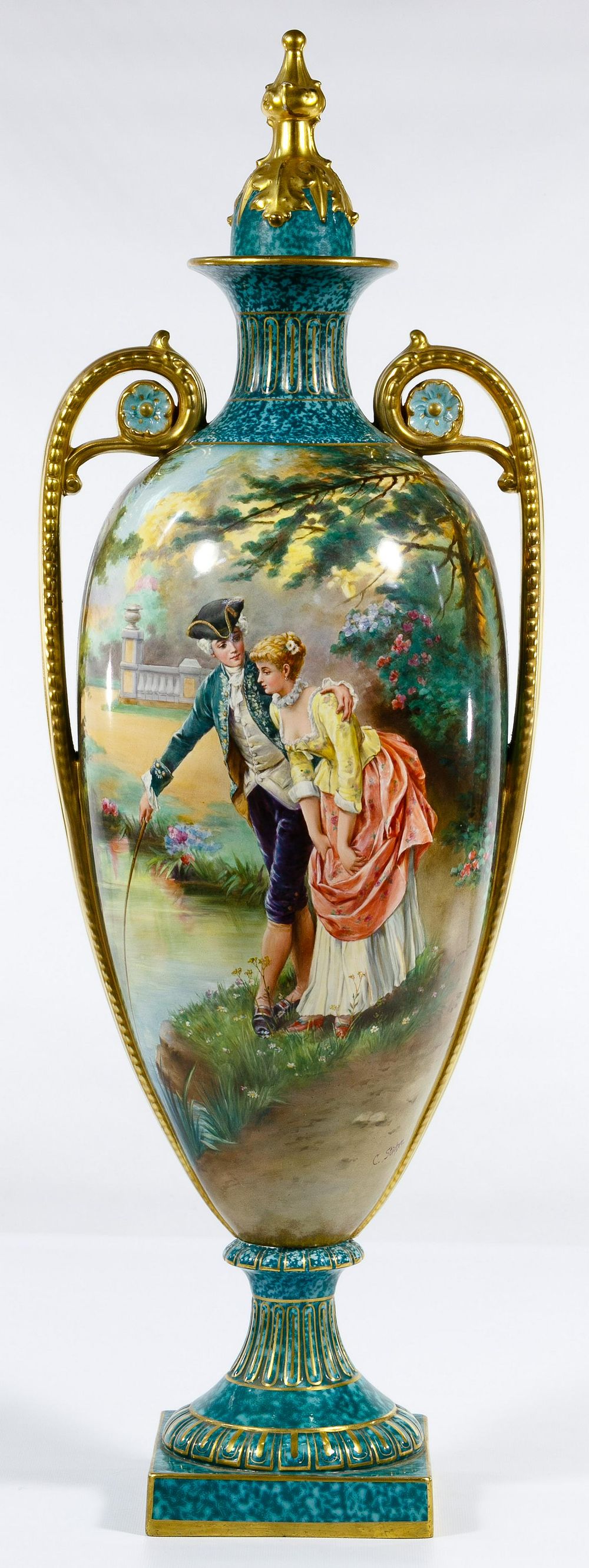 Lot 307: Royal Bonn Hand Painted Porcelain Lidded Urn / Vase