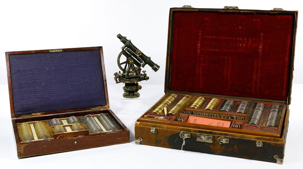 Lot 438: Optometrist Lens Kit and Theodolite Assortment