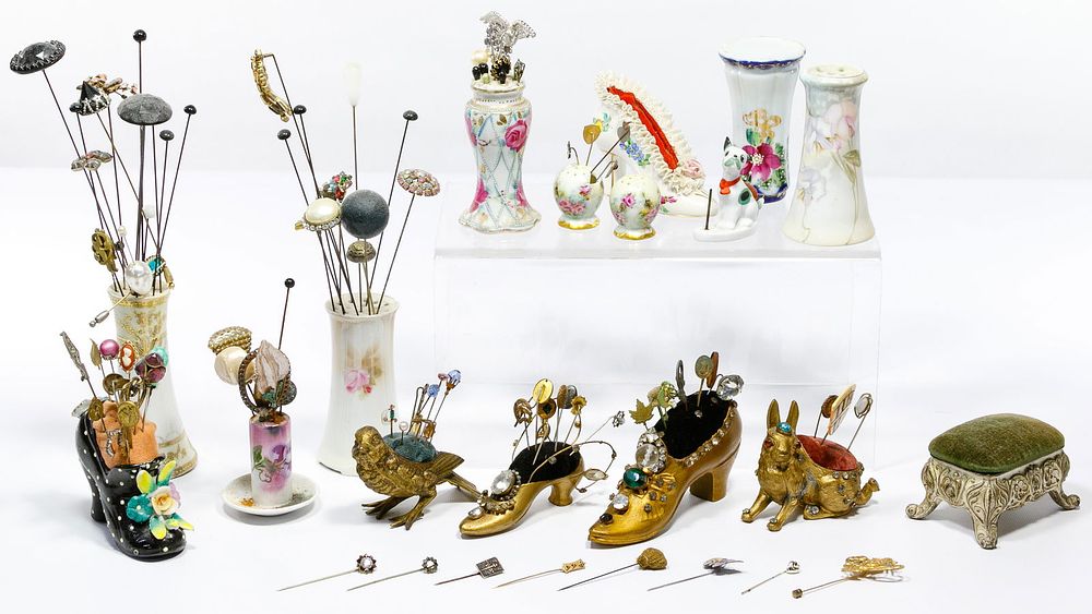 Lot 445: Hat Pin, Stick Pin and Holder Assortment