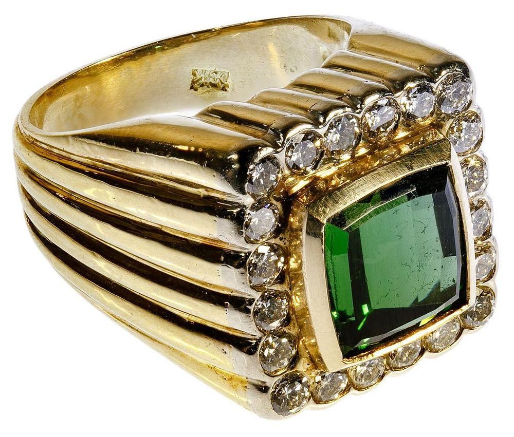 Lot 462: 18k Yellow Gold, Green Gemstone and Diamond ring