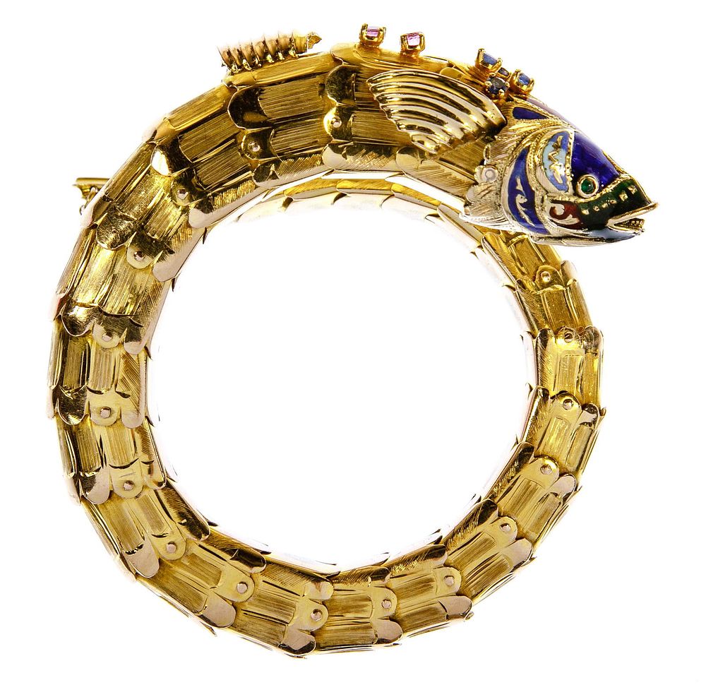 Lot 467: 14k Yellow Gold, Enamel, Sapphire and Ruby Fish Form