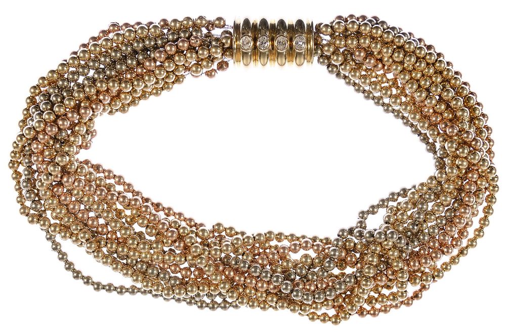 Lot 475: 14k Multi-Color Gold and Diamond Multi-Strand Necklace