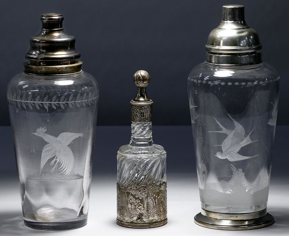 Lot 593: Hawkes Etched Glass and Sterling Silver Cocktail