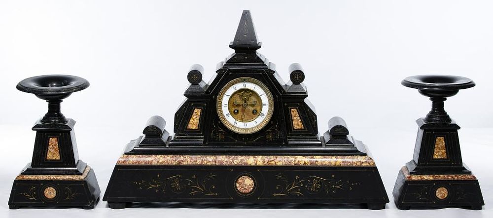 Lot 151: French Slate and Marble Mantle Clock and Garniture Set