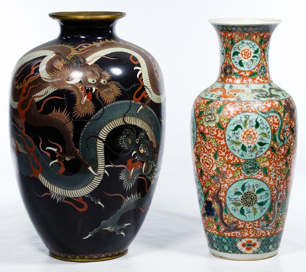 Lot 158: Asian Cloisonne and Porcelain Vases