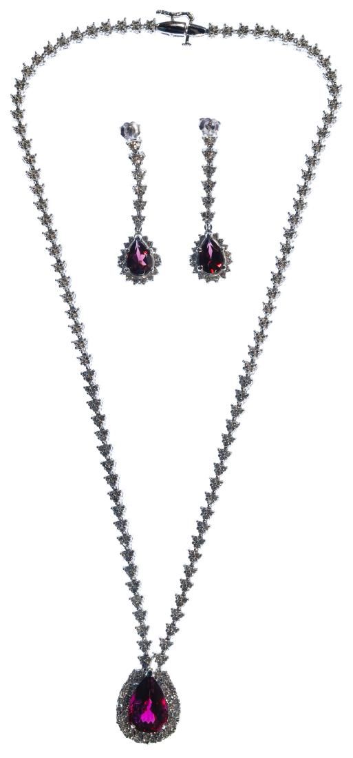 Lot 264: 14k White Gold, Garnet and Diamond Jewelry Suite