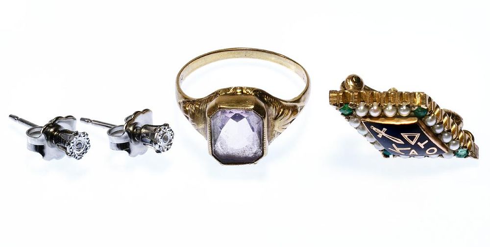 Lot 292: Platinum and Diamond Stud Earrings and Gold Jewelry