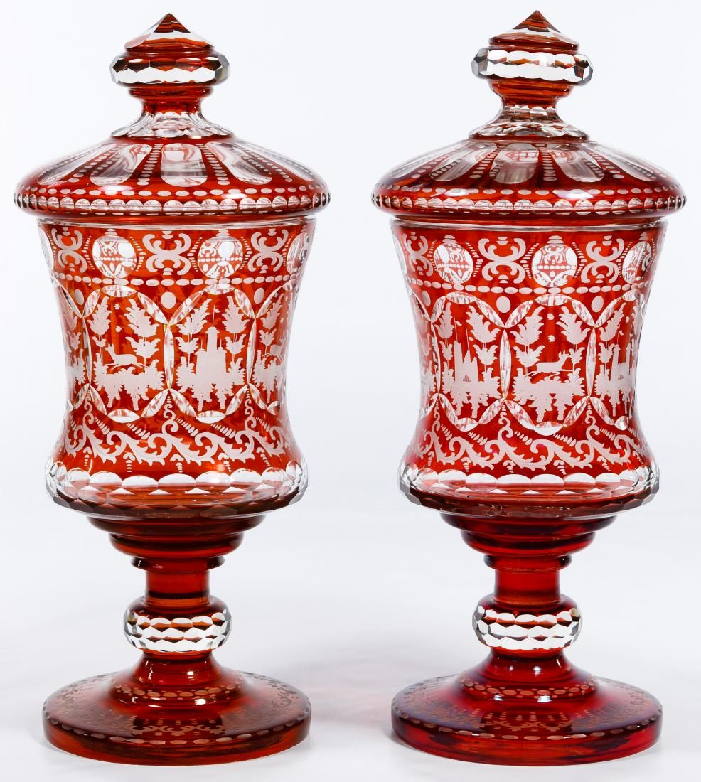 Lot 356: Red Cut-to-Clear Glass Apothecary Jars