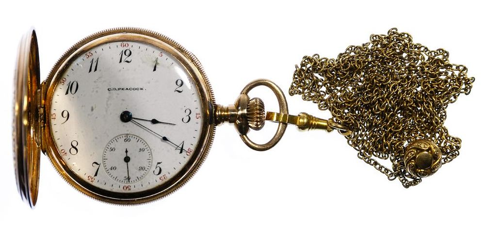 Lot 439: C.D. Peacock 14k Gold Hunter Case Pocket Watch
