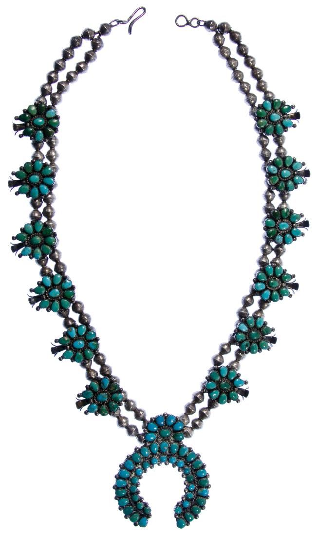 Lot 471: Sterling Silver and Turquoise Squash Blossom Necklace