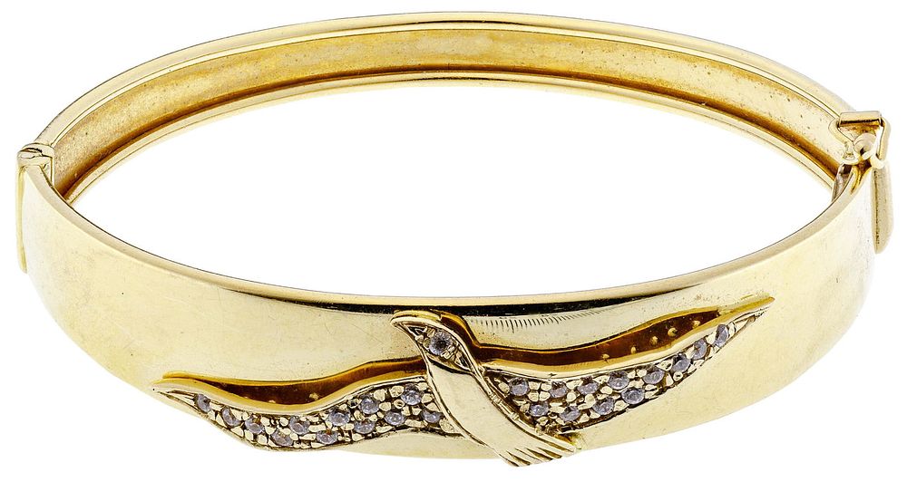 Lot 247: 18k Yellow Gold and Crystal Hinged Bangle Bracelet