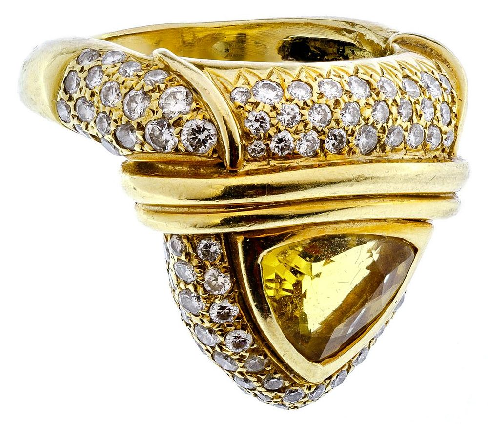 Lot 248: 18k Gold, Yellow Tourmaline and Diamond Ring