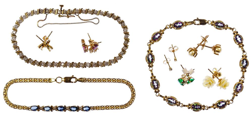Lot 537: 14k Yellow Gold and Gemstone Bracelet and Earring