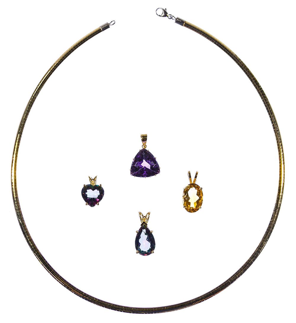 Lot 554: 14k Gold and Gemstone Pendant and Omega Necklace