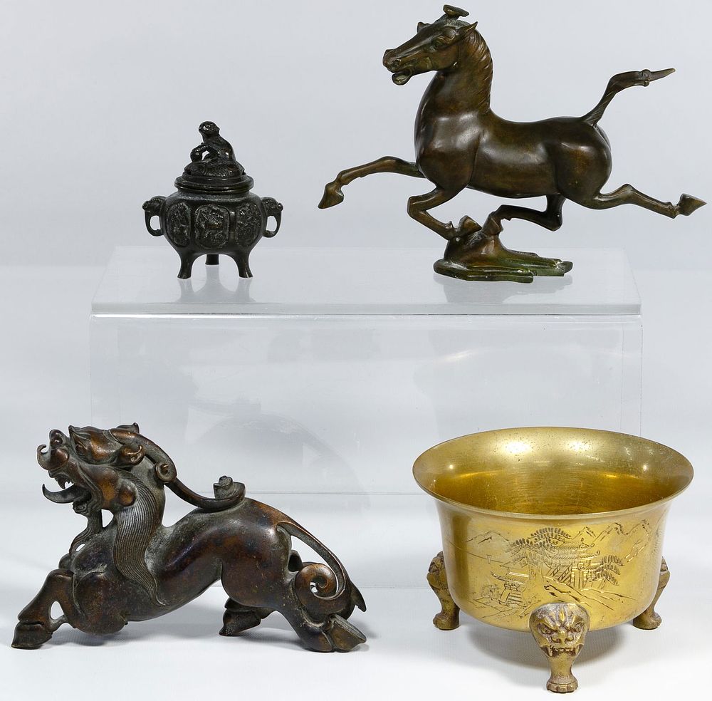 Lot 157: Asian Bronze and Brass Figure and Vessel Assortment