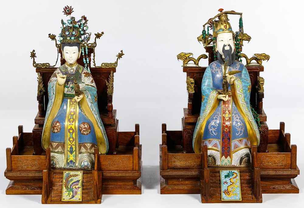 Lot 162: Asian Cloisonne and Wood Figurines