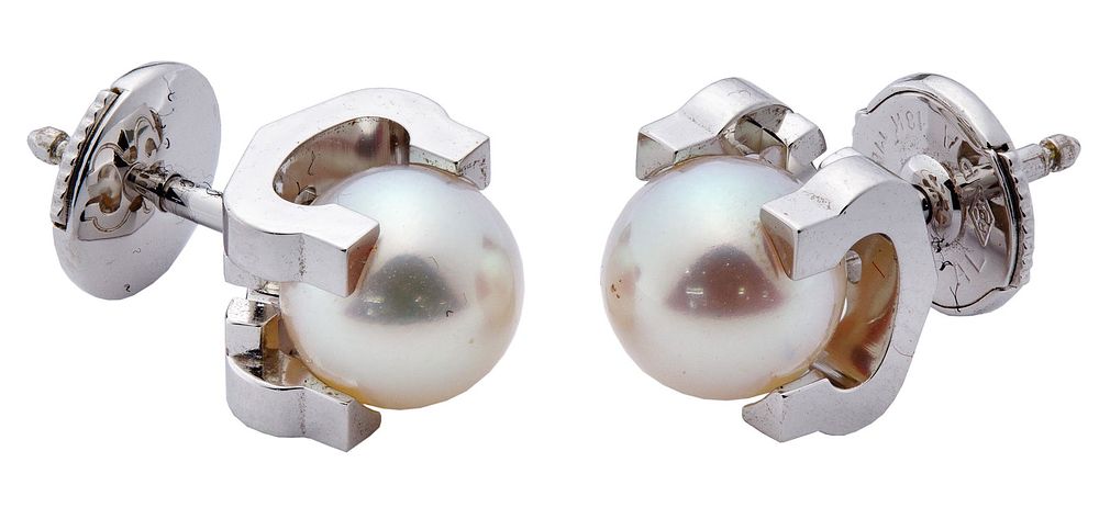 Lot 577: Cartier 18k White Gold and Pearl Pierced Earrings
