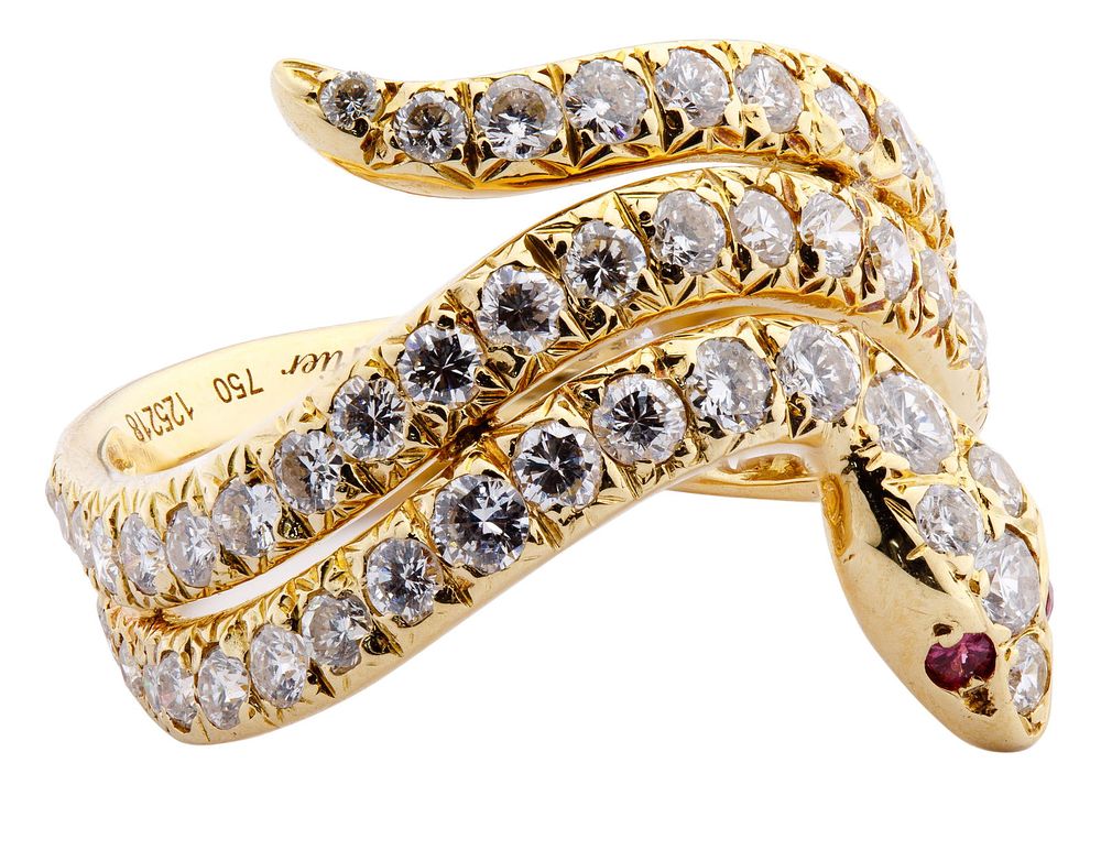 Lot 579: Cartier 18k Yellow Gold and Diamond Snake Ring