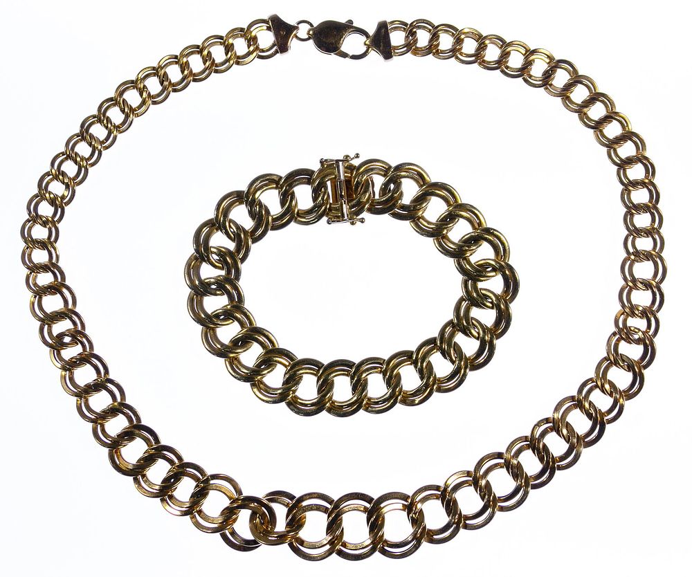 Lot 610: 14k Gold Double Link Necklace and Bracelet