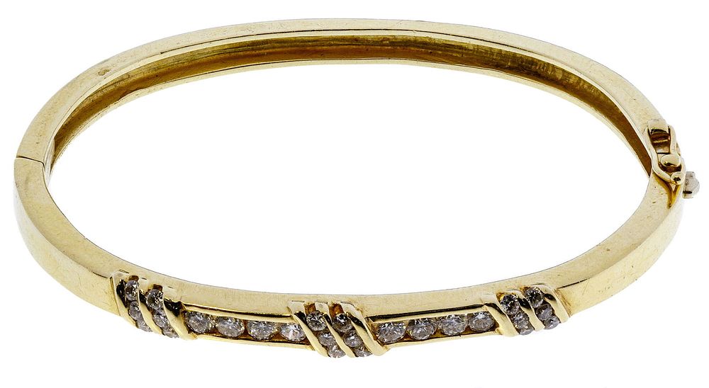 Lot 613: 14k Gold and Diamond Hinged Bangle Bracelet