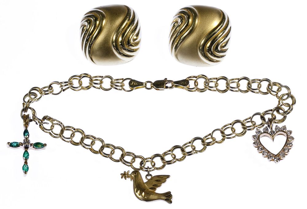 Lot 617: 14k Gold Charm Bracelet and Clip-on Earrings