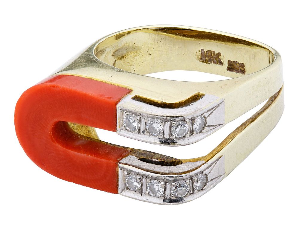 Lot 641: 14k Gold, Coral and Diamond Ring
