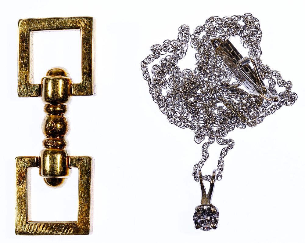 Lot 655: 14k White Gold and Diamond Necklace and 14k Yellow Gold
