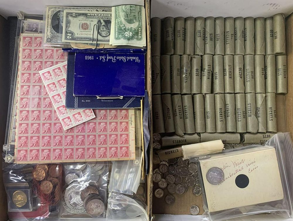 Lot 743: Coin, Currency and Stamp Assortment
