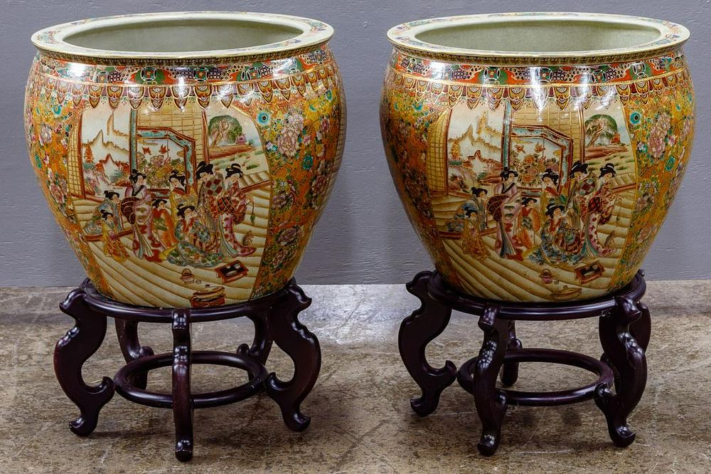 Lot 171: Asian Style Fish Bowls on Wood Stands