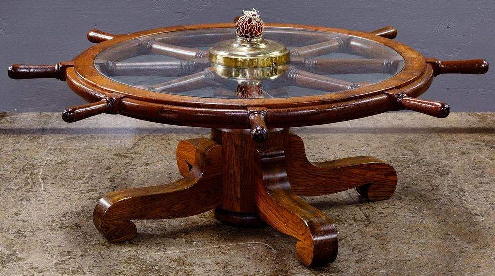 Lot 427: Oak Ship Wheel and Glass Top Coffee Table