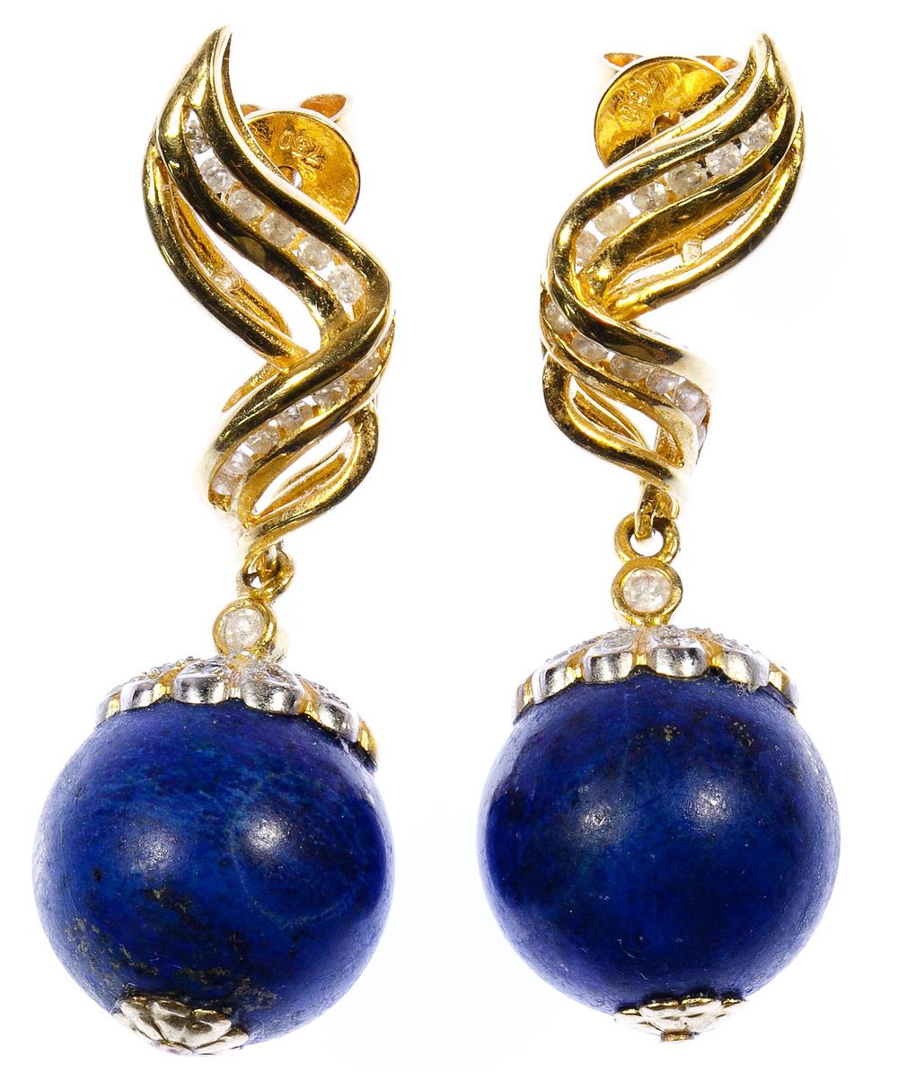 Lot 452: 18k Gold, Lapis Lazuli and Diamond Pierced Earrings